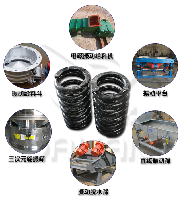 旋振篩減震彈簧適用產(chǎn)品：振動給料機(jī)，電磁振動給料機(jī)，振動平臺，直線振動篩，振動脫水篩，三次元旋振篩。