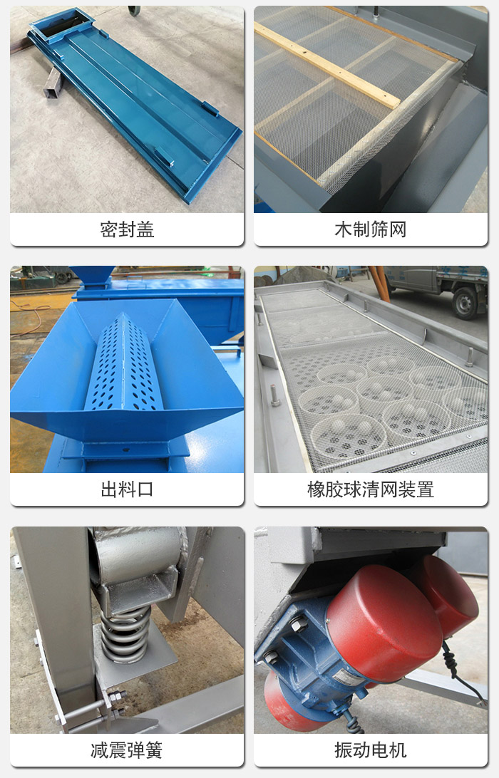 直線篩分機(jī)的結(jié)構(gòu)展示圖：篩箱是物料主要篩分設(shè)備之一，篩網(wǎng)用于篩分物料，振動(dòng)電機(jī)幫助篩網(wǎng)篩分。