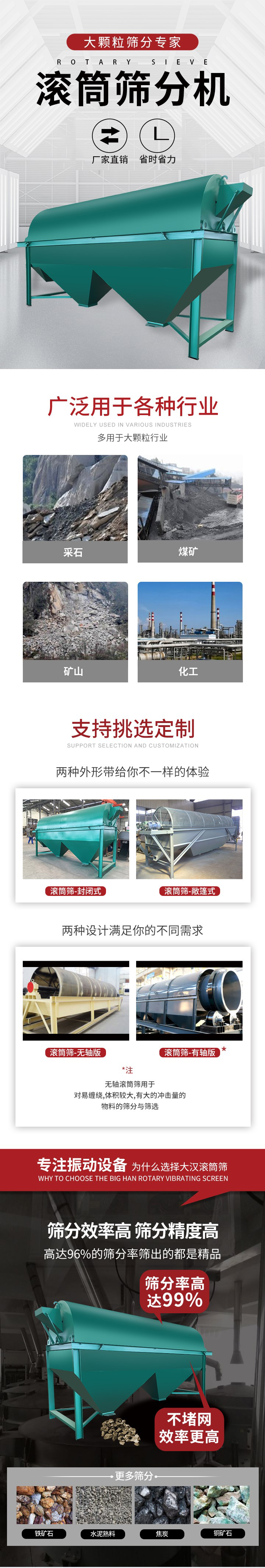 滾筒篩分機大顆粒篩分專家：廠家直銷，省時省力。滾筒篩被廣泛應用各種行業：多用于大顆粒行業例如：采石，煤礦，礦山，化工等。滾筒篩定制類型有哪些：封閉式與敞篷式產品結構分為：無軸式，有軸式兩種，無軸滾筒篩用于對纏繞，體積較大，有大的沖擊量的物料的篩分與篩選。滾筒篩篩分效率高篩分精度能夠達到：96%也比較適用于鐵礦石，水泥熟料，焦炭，銅礦石。滾筒篩特點：不飛粉末：密封隔離罩，密封性好，工作過程不會出現飛粉現象。外型尺寸是按筒體長計