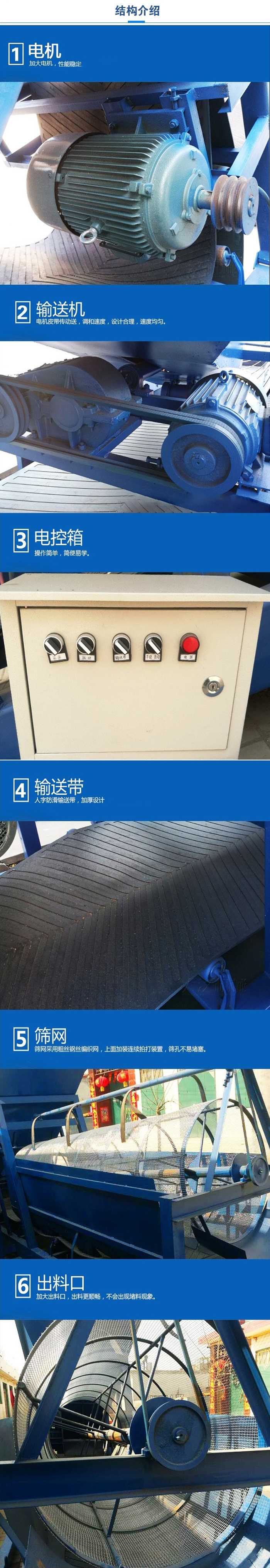 移動篩沙機結構:電機，加大電機，性能相對比較穩定。輸送機：電機皮帶傳動送，調和速度，設計合理，速度均勻。電控箱：操作簡單，簡便易學。輸送帶：人字防滑輸送帶，加厚設計。篩網，采用粗絲鋼絲編織而成的篩網，上面加裝連續拍打裝置，篩孔不易堵塞。出料口：加大出料口，出料更順暢，不會出現堵料現象。