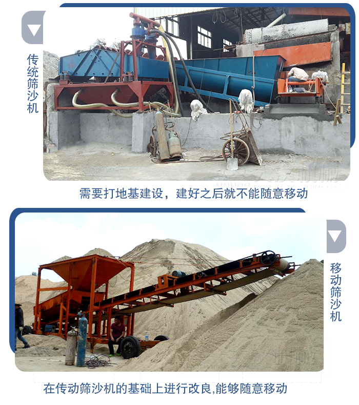 移動的篩沙機在安裝前需要打地基，而固定完畢后就不能隨意的移動，而移動篩沙機不需要打地并且隨時能夠進行移動。