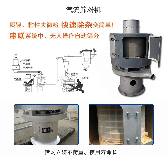 氣流篩粉機適用：質(zhì)輕，粘性大微粉采用串聯(lián)系統(tǒng)重，無人操作自動篩分 特點：篩網(wǎng)立裝不負重，使用壽命長。