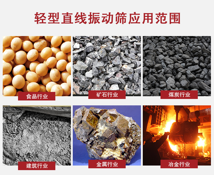 輕型直線振動(dòng)篩應(yīng)用范圍較廣多使用與顆粒狀，粉狀以及其它重型行業(yè)的輸送。